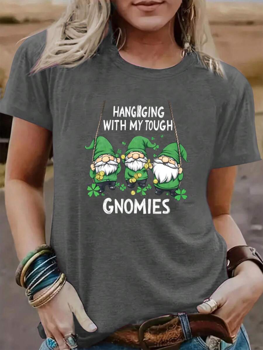 1 Piece, 200g St. Patrick's Day Print Crew Neck T-Shirt - Fashionable Graphic Print T-Shirt For Women - Casual Short Sleeve Crew Neck Top - Lightweight & Breathable For All Seasons Wardrobe, Polyester - 深灰色 - 查看 1