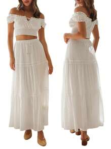 Womens Two Piece Summer Outfits Off Shoulder Frill Trim Crop Tops And Long Skirt Set Beachwear