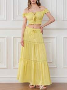 Womens Two Piece Summer Outfits Off Shoulder Frill Trim Crop Tops And Long Skirt Set Beachwear