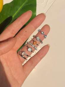 7pcs/Set Colorful Rhinestone Geometric Metal Rings, 2 Random Colors, Women Jewelry - Multicolor - View 3