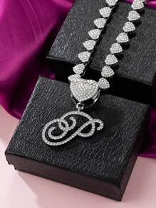 Collares con colgante inicial Cadena de Miami con colgante de letra para mujeres Joyería de estilo Hip Hop con cadena de letras con piedras engarzadas como regalo - Plateado - Ver 29