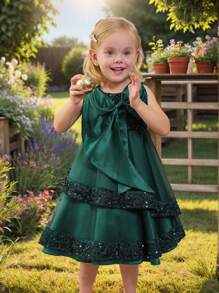 年轻女孩亮片大蝴蝶结无袖公主薄纱露背派对晚礼服