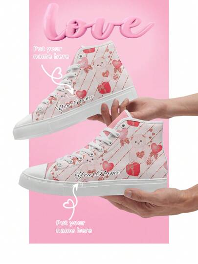 Custom Valentine's Day High-Top Canvas Shoes, Customized Name Personalized Cute Bear And Heart Design Sneakers, Unique Romantic Gift For Him & Her, Heart-Shaped Photo Display, Perfect For Couples, Anniversary, Or Special Occasions