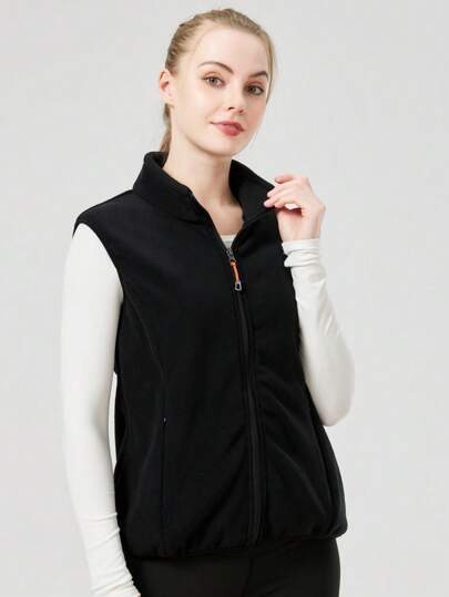 女士户外运动背心外套，隐形拉链，腰部收紧，修身显瘦，春季/冬季适用，抓绒面料。