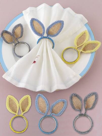 3pcs Colorful Easter Bunny Ear Napkin Rings, Suitable For Easter Party Theme Table Decoration Napkin Holders, Handmade Bunny Ear Napkin Rings