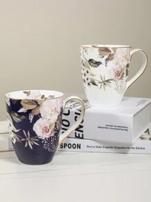 1 pieza Taza de cerámica con elegante diseño de rosa blanca y azul, apta para uso doméstico, club, cafetería - Multicolor - Ver 8