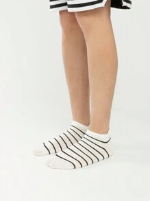 1/5 双装男士条纹耳朵设计袜子，休闲简约黑白图案短袜适合日常穿着