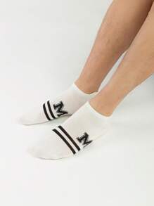 1/5 双装男士条纹耳朵设计袜子，休闲简约黑白图案短袜适合日常穿着