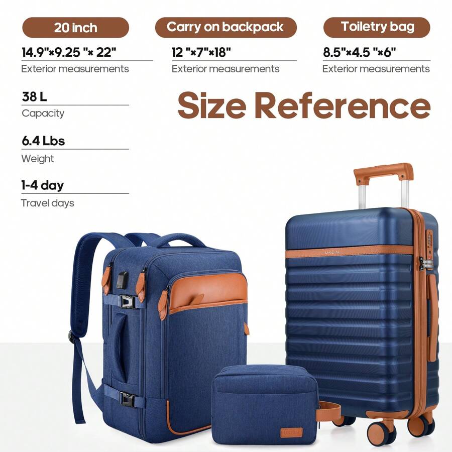 UKEIN Luggage Sets 3 Piece, Carry On Luggage 20 Inch With Spinner Wheels,PC Hardside Suitcase Set With TSA Lock, Carry On Suitcase With Travel Backpack For Men Women - Màu xanh lam - Xem 1