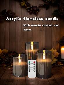 3pcs Battery Operated LED Flameless Candles, Plastic Wax Pillar Candles With Remote Control And Timer, Battery Powered Candles (Grey) - Grey - View 6