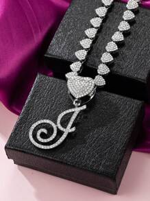 Collares con colgante inicial Cadena de Miami con colgante de letra para mujeres Joyería de estilo Hip Hop con cadena de letras con piedras engarzadas como regalo - Plateado - Ver 26