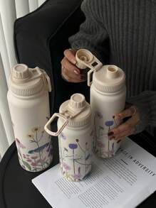 1 件 600ml/20.29oz、800ml/27.06oz、1000ml/33.82oz 双层不锈钢隔热杯，春花图案，户外运动水壶，平底杯，茶壶，茶杯，适合办公室、户外、家居、生日、情人节、母亲节、毕业典礼、返校礼物