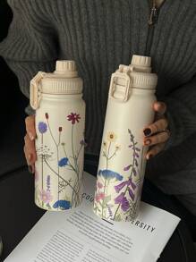1 件 600ml/20.29oz、800ml/27.06oz、1000ml/33.82oz 双层不锈钢隔热杯，春花图案，户外运动水壶，平底杯，茶壶，茶杯，适合办公室、户外、家居、生日、情人节、母亲节、毕业典礼、返校礼物
