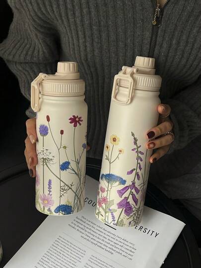 1pc 600ml/20.29oz, 800ml/27.06oz, 1000ml/33.82oz Double Wall Stainless Steel Insulated Tumbler, Spring Flower Design, Outdoor Sports Water Bottle, Flat Bottom Cup, Tea Pot, Tea Cup, Ideal For Office, Outdoor, Home, Birthday, Valentine's Day, Mother's Day, Graduation, Back To School Gifts,Back To School