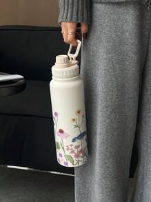 1 件 600ml/20.29oz、800ml/27.06oz、1000ml/33.82oz 双层不锈钢隔热杯，春花图案，户外运动水壶，平底杯，茶壶，茶杯，适合办公室、户外、家居、生日、情人节、母亲节、毕业典礼、返校礼物