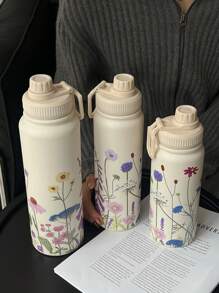 1 件 600ml/20.29oz、800ml/27.06oz、1000ml/33.82oz 双层不锈钢隔热杯，春花图案，户外运动水壶，平底杯，茶壶，茶杯，适合办公室、户外、家居、生日、情人节、母亲节、毕业典礼、返校礼物
