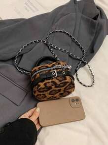 Niche Design Mini Lipstick Case Chic Handbag, Leopard Print Edgy Sweet Crossbody Bucket Bag - Brown - View 3