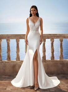 HEARBOBO 奢华高贵串珠刺绣深V领无袖蕾丝美人鱼晚会优雅新娘婚纱 - 白色 - 查看 3