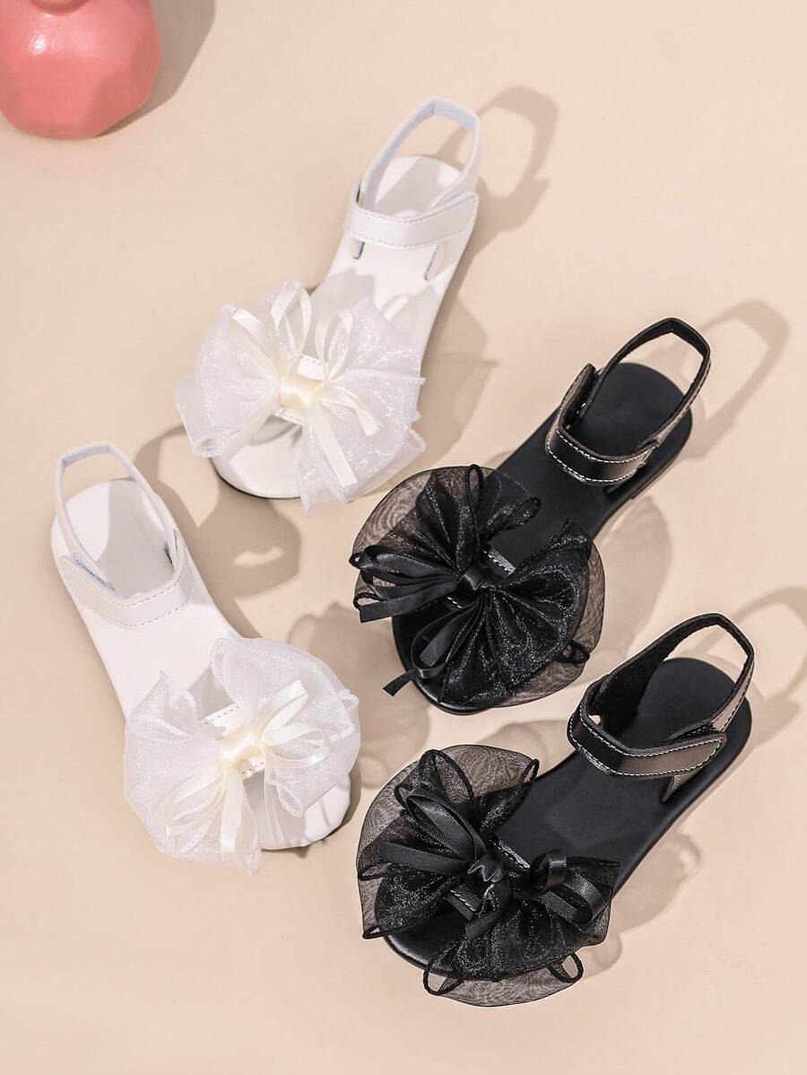 1 双加大码白色幼儿/女童平底凉鞋，透明网眼蝴蝶结钩环封闭式鞋头防滑时尚可爱公主罗马凉鞋，适合 3-15 岁女童，日常、派对、度假、休闲户外穿着，2025 年新品 - 米色 - 查看 1