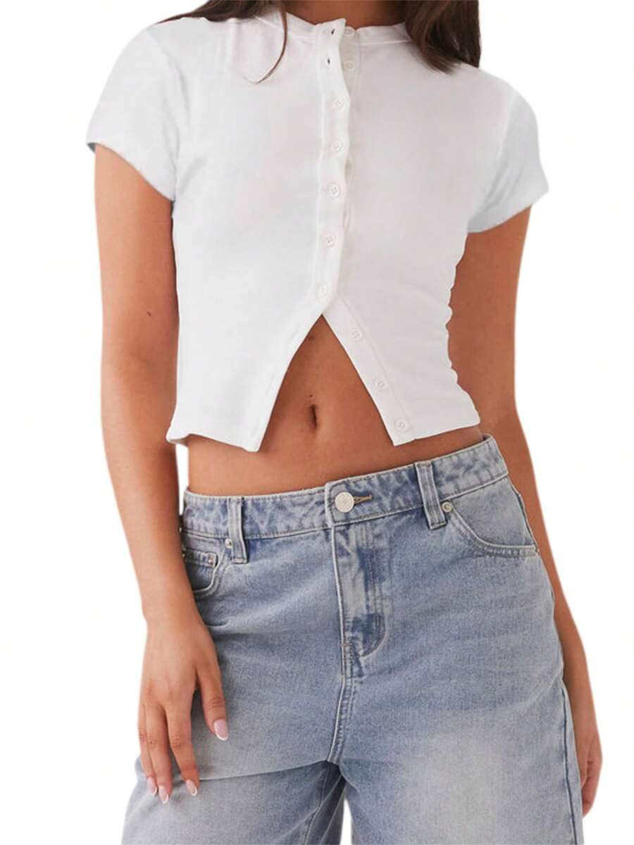 Womens Ribbed Button Down Going Out Crop Top Short Sleeve Crew Neck Tight Basic Tees Casual Cardigan Tops Solid Color T-Shirt - White - View 1