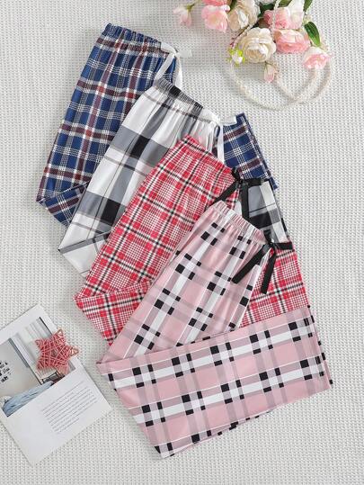 4pcs/Set Teenage Girls Fashion 3D Bow Plaid Print Pants, Classic Casual Straight Leg Trousers Suit