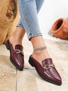 Fashion Versatile Burgundy Loafers Flat Heel Slip-On Mules Pointed Toe Shoes, New Spring/Summer Metal Buckle Pointed Toe Small Leather Shoes, Outdoor Comfortable Backless Slippers, Plus Size Women Shoes - Burgundy - View 3