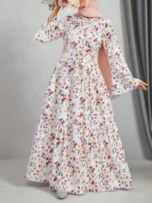 Women's Floral Print Pleated Elegant Long Sleeve Arabian Dress - Multicolor - View 2