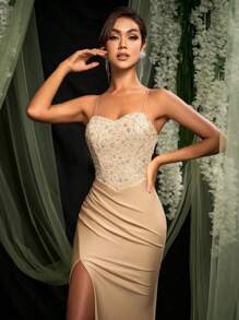 AOSHABABI Elegant Luxurious Apricot Halter Backless Formal Evening Gown (Heavily Embellished) [Exclusive Custom Beaded Fabric, Pleated Hem High Slit Fitted Design] Suitable For All Formal Occasions, Music Festivals, Galas, Weddings, Holiday Parties, Graduations, Cocktail Parties, Dates, Vacations, And Bridesmaid Dresses,Party Dress,Wedding Guest - Apricot - View 5