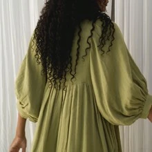 Women's Summer Loose Dress Solid Color 3/4 Sleeves Round-Neck Tie Front Long Dress - 淺綠色 - 查看 4