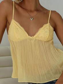 女士褶皱吊带背心细肩带 V 领蕾丝性感上衣 - 黃色 - 查看 5