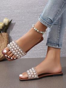 GlamourGrip Sandalias para dama tipo huaraches de mujer con pedrería elegante, chanclas planas estilo coreano con punta abierta, sandalias tejidas de verano con suela gruesa, zapatos planos de moda para playa, vacaciones o uso casual, diseño brillante con perlas, ideales para outfits con faldas o jeans - Beis - Ver 4