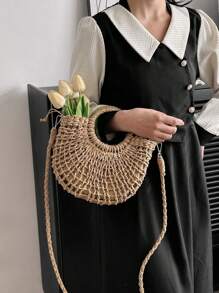 1 件女士半圆形编织抽绳斜挎包，时尚假日手提包适合旅行和日常购物