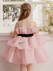 Young Girl Ruffle Bow Tulle Party Dress, Princess Cake Dress For Easter, Birthday, Wedding, Holiday Celebration, Flower Girl Occasion Outfit