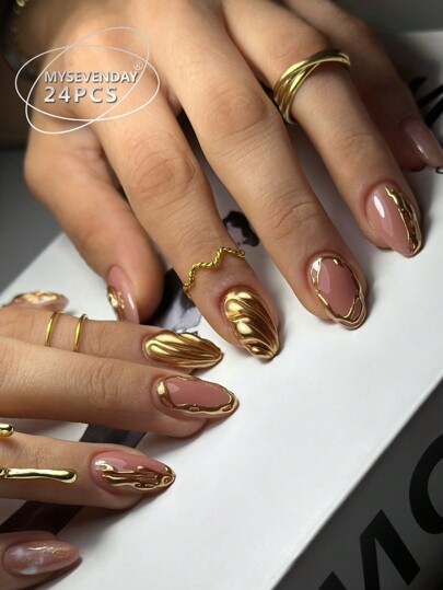 24 piezas de parches de uñas postizas de forma de almendra de tamaño mediano, con borde dorado en estilo francés dulce y fresco para mujeres, incluye 1 pieza de pegamento de gelatina y 1 pieza de tira de frotamiento, adecuado para fiestas, bailes y uso casual diario de mujeres, uñas desmontables y reutilizables