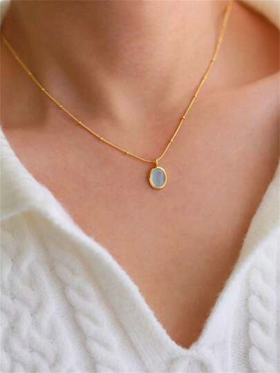 TONSI 1 pieza Collar de acero inoxidable chapado en oro de 18K con zafiro natural ovalado, elegante y versátil collar pendientes para mujeres, accesorios sencillos para uso diario, como regalo para damas de honor, mamá, novia.