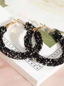 1 Pair Fully Rhinestone Embellished Big Hoop Earrings, Elegant Design For Women - Black - View 3