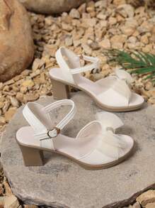New Plus Size Women High Heel Sandals, Versatile Thick Heel Platform Sandals With Bow, Solid Color Casual Pumps