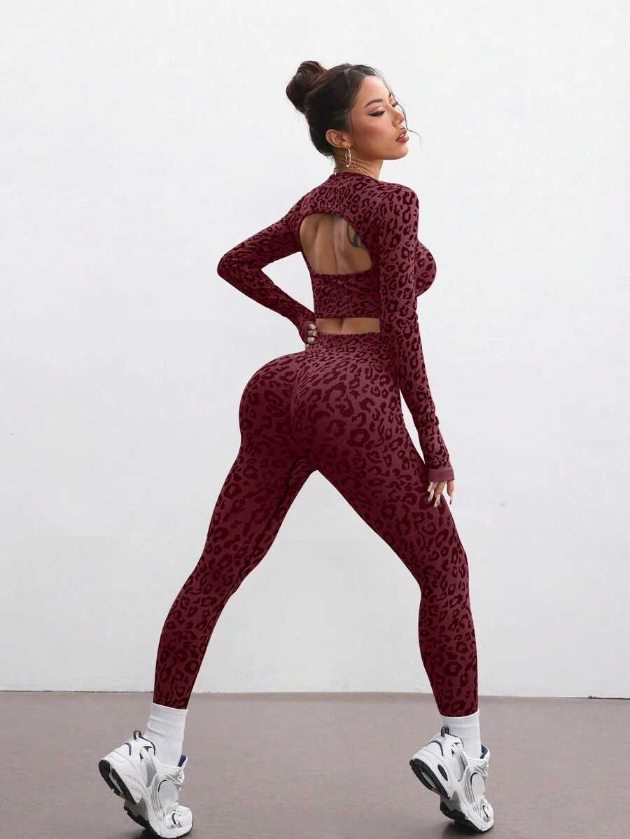 Seamless Leopard Print Sports Long Sleeve Top And Pants Set - Burgundy - View 1
