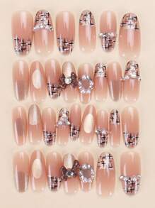 30 Pieces Of Medium Almond Shaped Pressed Fake Nail Patches, Pearl Bow Contrasting Colors Sweet And Cool Japanese And Korean Style Women'S Fingernail Patches, Matched With 1 Piece Of Jelly Glue And 1 Piece Of Rubbing Strip, Suitable For Women'S Parties, Dances, Daily Casual Wear, Detachable And Reusable Nails Nail Supplies Nails