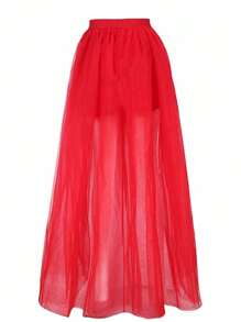 1pc Ladies' Colorful Tulle Tutu Skirt With High-Low Hem & Puffy Design Fall Clothes For Women - Red - View 2