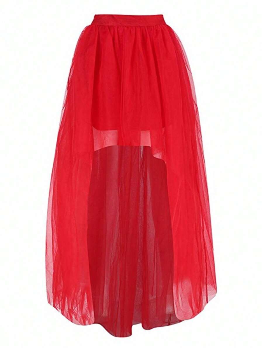 1pc Ladies' Colorful Tulle Tutu Skirt With High-Low Hem & Puffy Design Fall Clothes For Women - Red - View 1