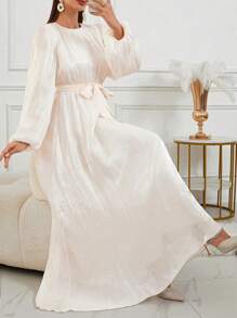 女士纯色圆领灯笼袖褶裥优雅阿拉伯连衣裙，春季款，端庄时尚 - 香檳色 - 查看 1