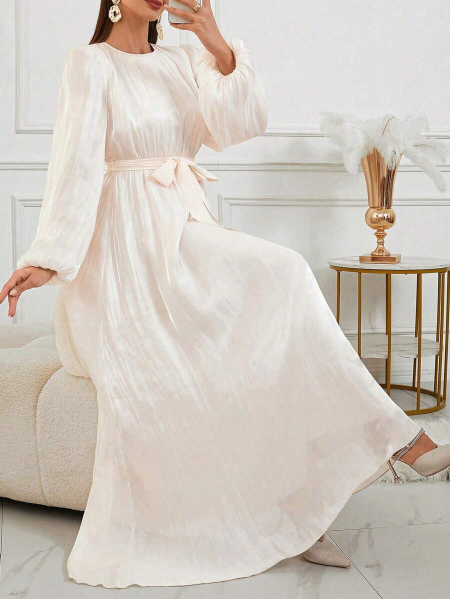 女士纯色圆领灯笼袖褶裥优雅阿拉伯连衣裙，春季款，端庄时尚 - 香檳色 - 查看 1