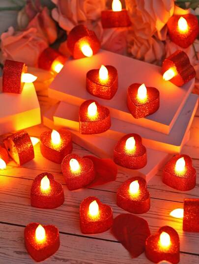 6/12/24pcs Heart-Shaped LED Flameless Candles With Battery, Realistic Red Glowing Tea Lights, Suitable For Valentine's Day, Weddings, Birthdays, Bedroom Decor, Party & Proposal Ambiance, Indoor Christmas Room Decor Candle Lighting, Home Decor Candle