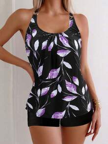 Women's Casual Round Neck Camisole Swimsuit, Featuring Ruched Bust, Open Back Design, Paired With Leaf Print Top And Shorts For Elegant Swimwear Look - Black - View 5