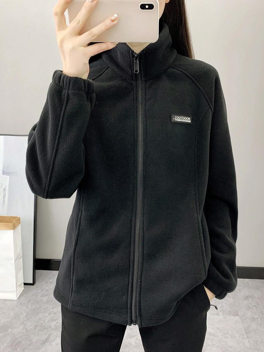 1 件女士休闲纯色保暖内衬厚户外运动立领夹克 - 黑色 - 查看 1