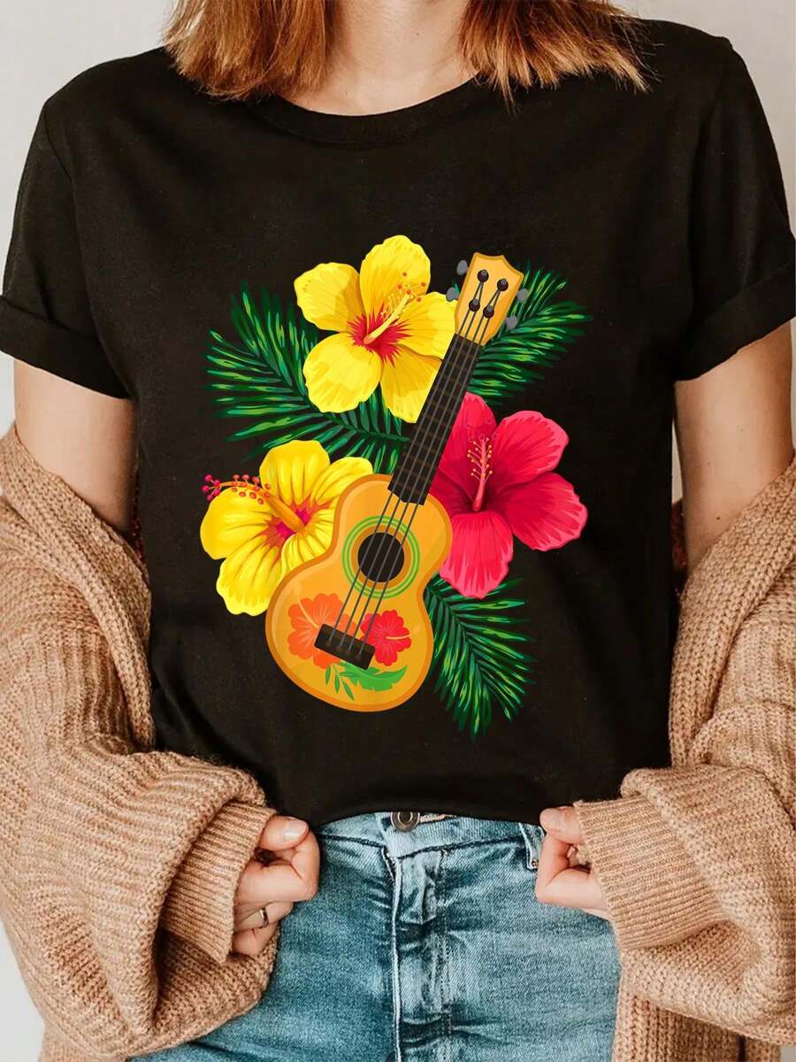 Hawaiian Ukulele Retro Uke Hibiscus T-Shirt Round Neck Short Sleeve T-Shirt Women's Men's Graphic Tee - Black - View 1