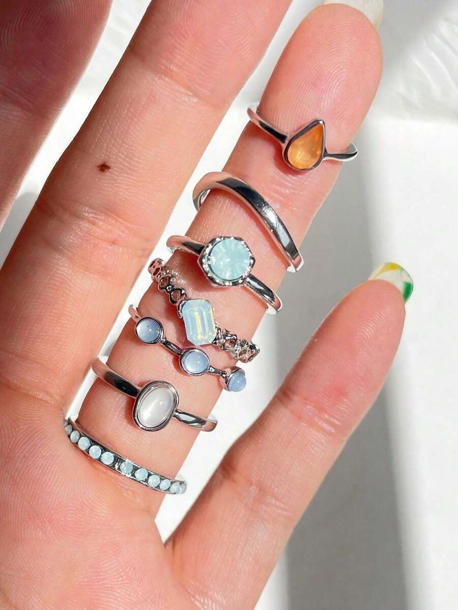 7pcs/Set Colorful Rhinestone Geometric Metal Rings, 2 Random Colors, Women Jewelry - Multicolor - View 1