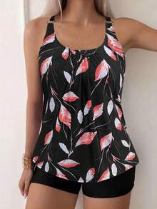 Women's Casual Scoop Neck Tankini With Ruched Bust And Leaf Print Backless Top And Shorts For Elegant Swimwear - Black - View 6