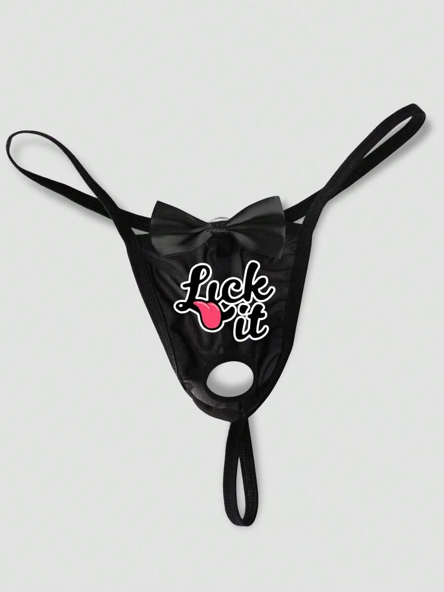 Hombres tangas elásticas cómodas y transpirables de malla negra con gráficos de letras y emoticonos y decoración metálica redonda - Negro - Ver 1